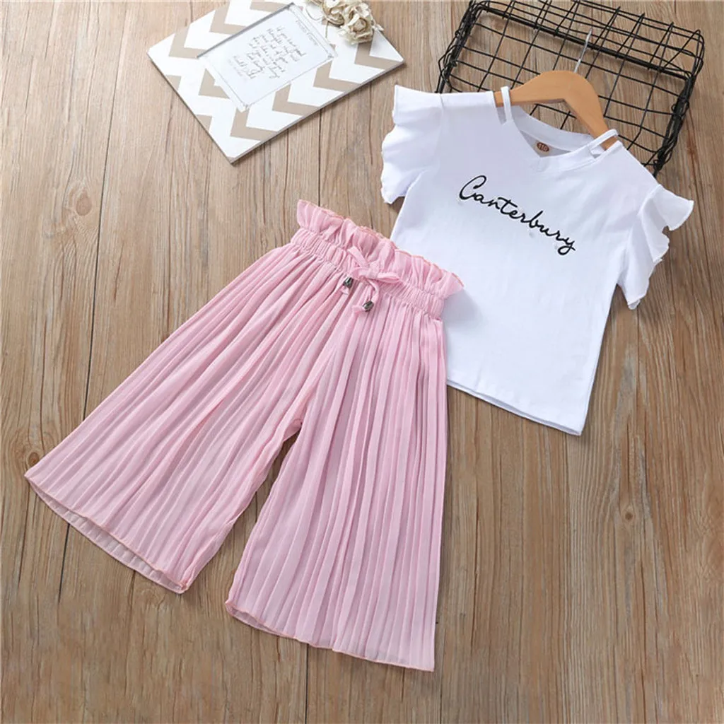 

Children Girl Clothes Sets Kids Baby Girls ruffles printing Letter T Shirt Tops+ Loose Wide Leg Pants Outfits Costume 4M-14Y