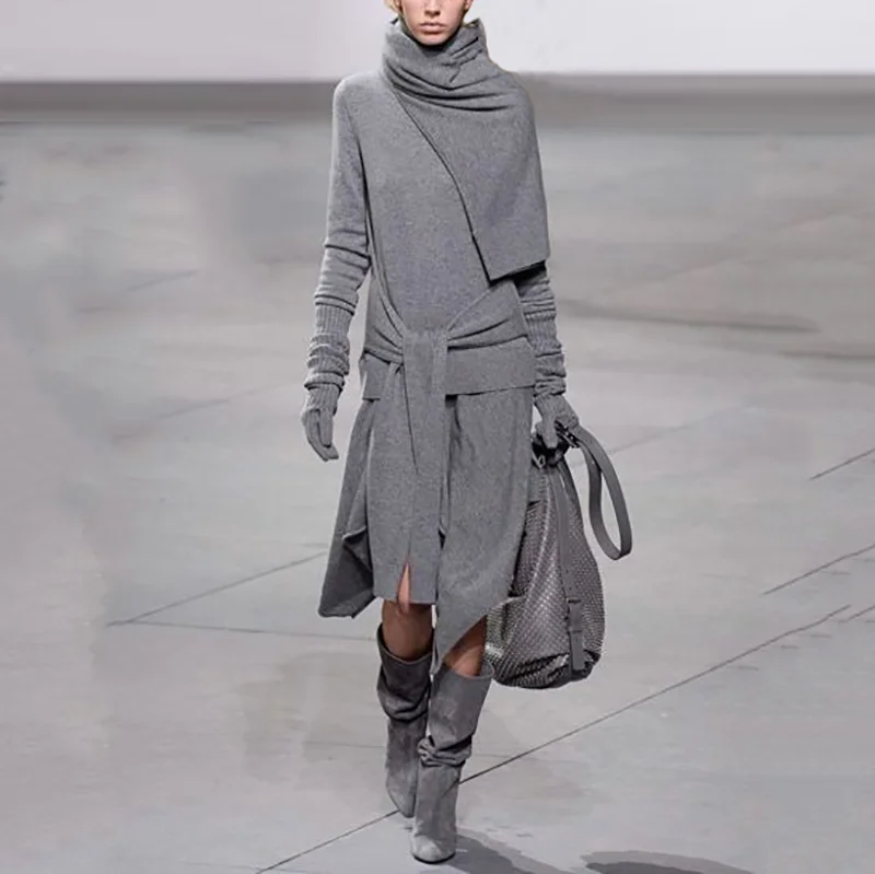 gray dress Женский ассиметричный чистый цвет длинный рукав свитер с поясом платье Высокая улица винтажное модное платье женское элегантное однотонное тонкое платье - Цвет: gray dress