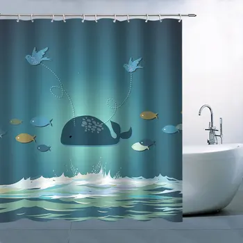 

Cartoon Whale Shower Curtain Decor Above Ocean Sea Fish Bird 70.68 x es Waterproof Polyester Fabric