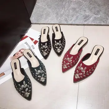 

Flock Shoes Woman 2020 Slippers Flat Pointed Toe Slipers Women Soft New Cover Sewing Rubber Fabric Slides Basic PU Cotton