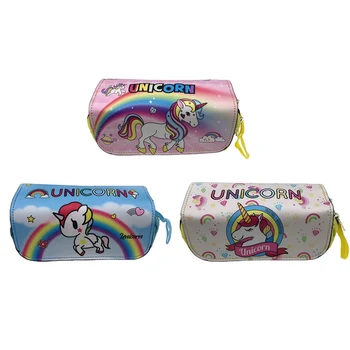 

Cute New Unicorn Double Pen Bag Double Zipper Cartoon Cute Rainbow Horse School Stationery Bag