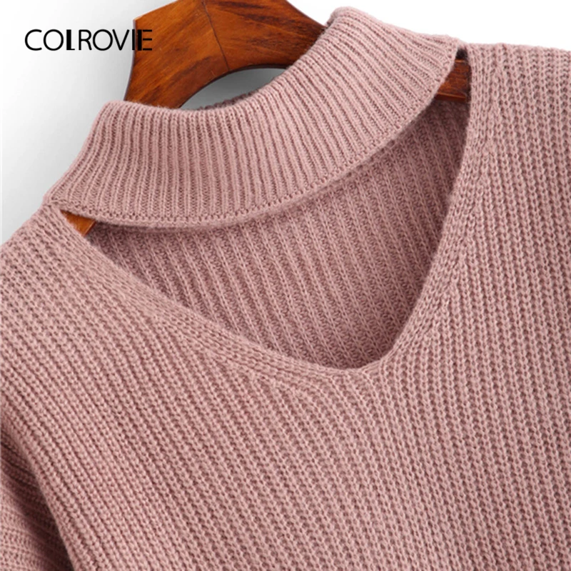 COLROVIE розовый чокер шеи со шнуровкой детальный свитер Женский Повседневный свитер с v-образным вырезом осенний свитер с длинными рукавами женские пуловеры