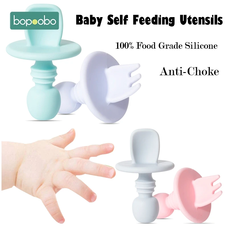 Bopoobo 1/2pc libre de BPA silicona bebé cuchara de alimentación de bebé suministros bebé Tenedor de silicona de grado de alimentos Newbornrn accesorios los dientes