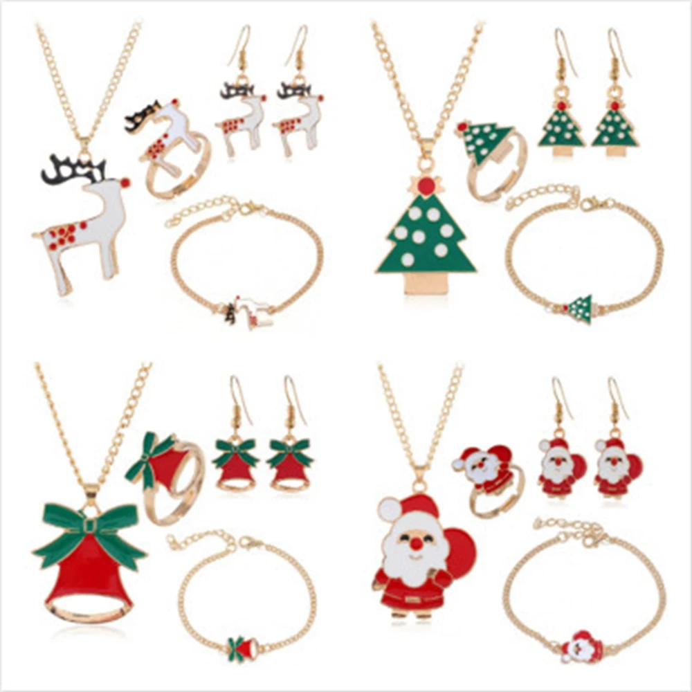 

Christmas decorations Santa Claus elk bell cartoon eardrop necklace ring bracelet 4-piece set
