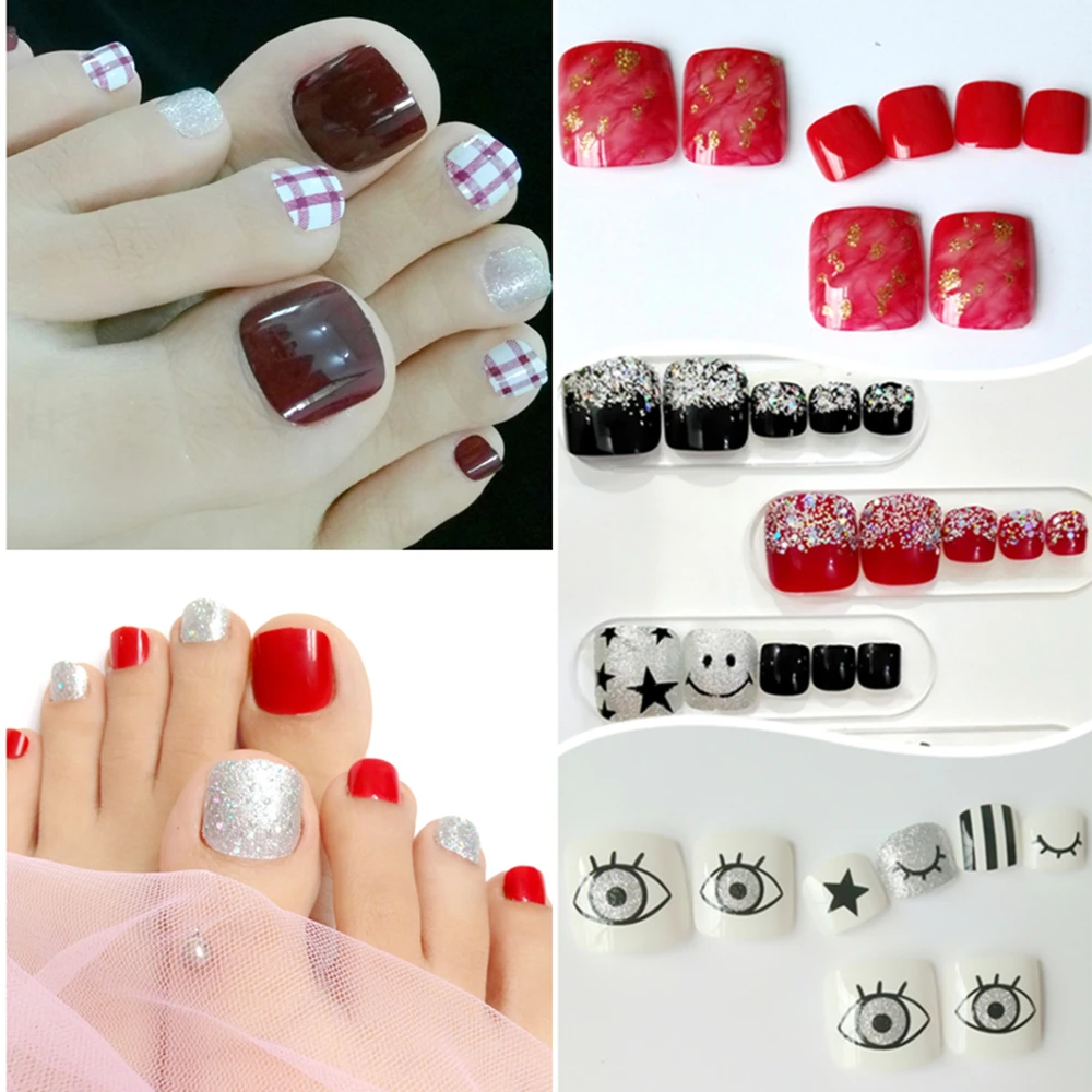 

24 Pcs Glitter Fake Toe Nails With Design Press On Artificial False Toenails Tips For Manicure