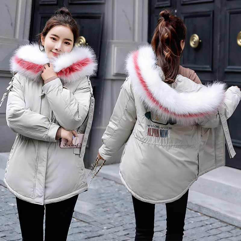 

2019 New Style Large Fur Collar Korean-style Waist Hugging Slimming Versatile Women's Fashion Mid-length down Cotton down Coat