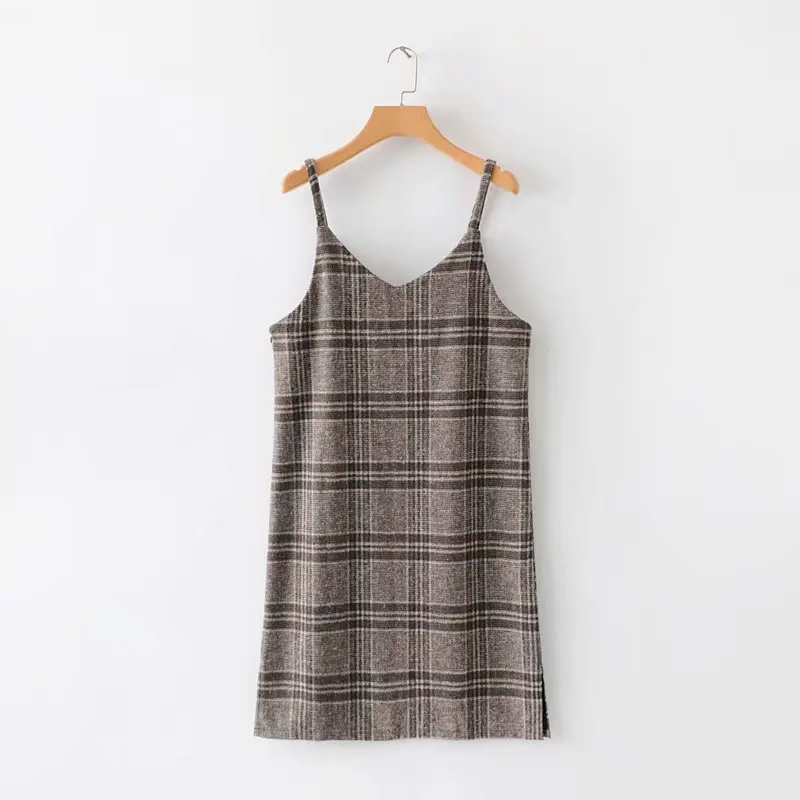 

Europe And America Autumn And Winter New Style Loose-Fit Versatile Woolen Plaid Camisole Women's Slit Hemline at Hem Thick Dress