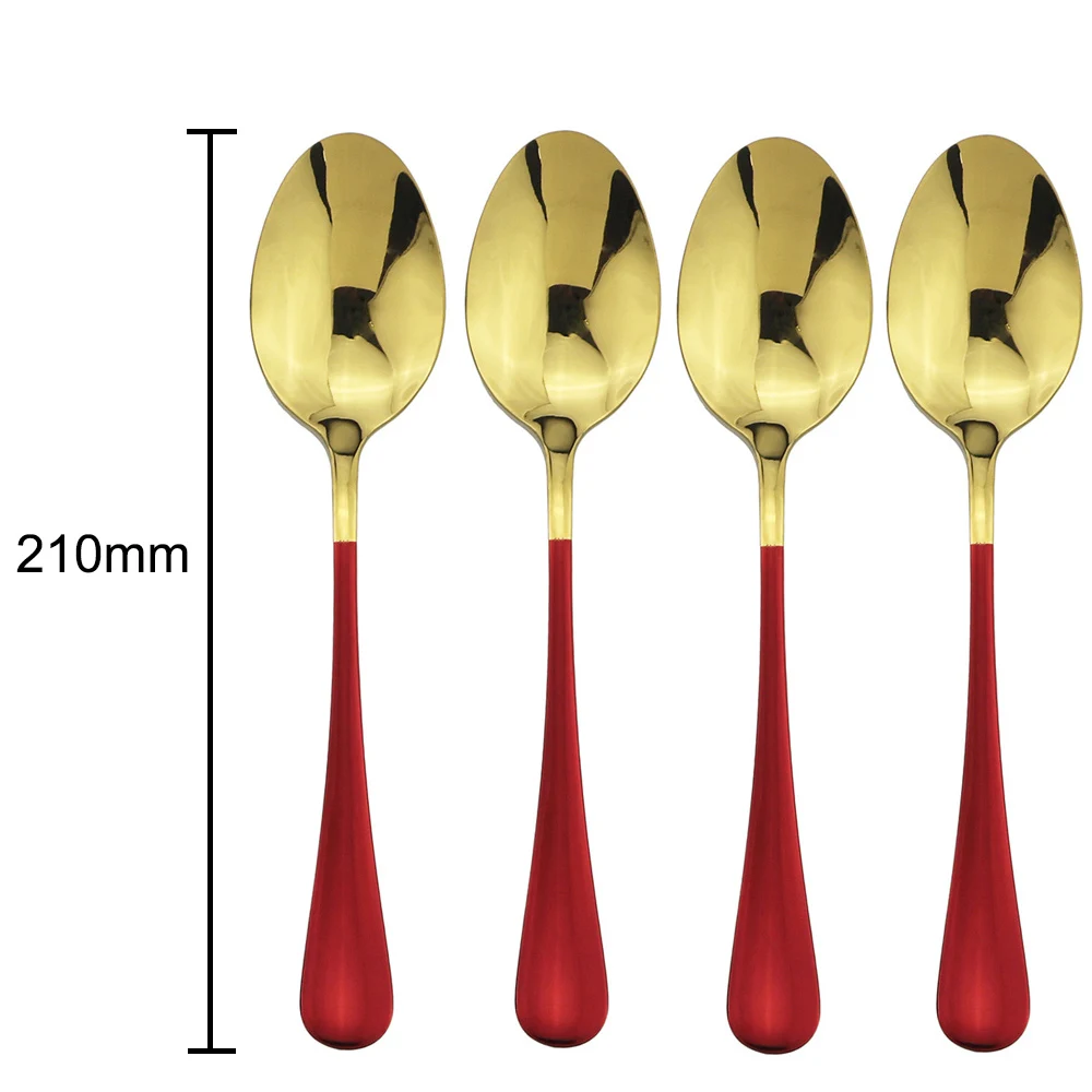 304 Stainless Steel Dinner Set Pink Black Red Handle Gold Cutlery Set Dinnerware Spoon Fork Knife For Hotel And Home 4 Pcs - Цвет: Red Dinner Spoon