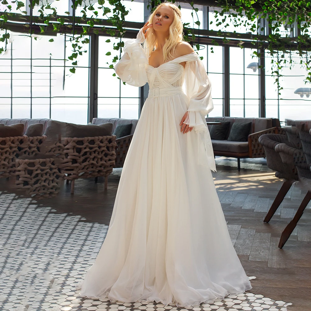 Pleats Off The Shoulder White Long Sleeve Chiffon Wedding Dress main image 1