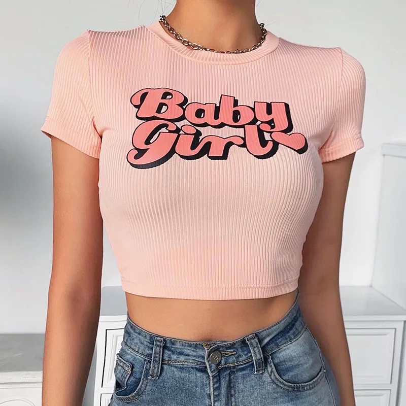 Camiseta Sexy de manga para mujer, Tops con letras Top de de canalé con cuello redondo, camisetas informales de verano para mujer - AliExpress