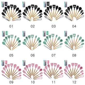 

9/10/11/12pcs Premium Kitchen Non-stick Spatula Heat Resistant Non-Stick Baking Shovel Wooden Handle Tools Silicone Cooking