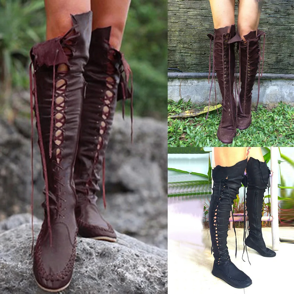 2019 New stencil women's boots straps knights shoes tassels boots flat bottom ladies western high boots for women