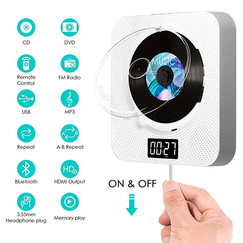 

Portable Bluetooth CD/DVD Player Wall Mountable Home Audio CD Music Player with Remote Control HDMI for TV Built-in HiFi Speaker