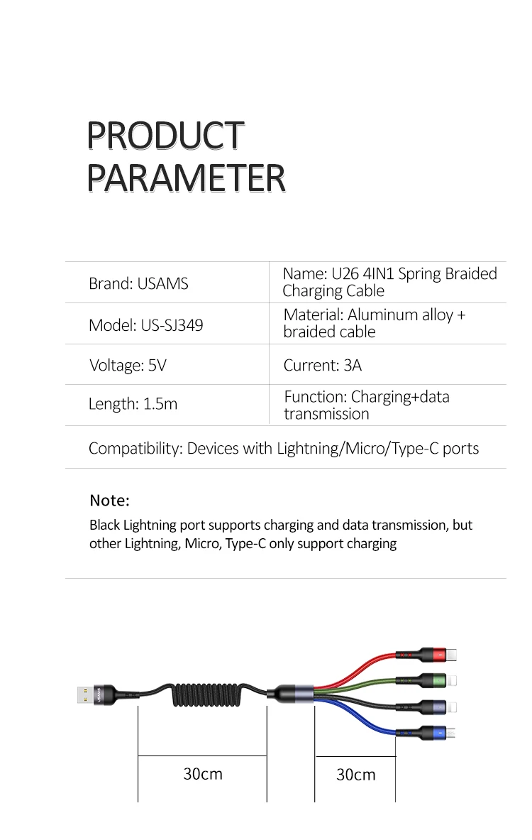 USAMS 4 в 1 мульти usb Кабель зарядного устройства для iPhone samsung huawei xiaomi Быстрая зарядка провод данных для lightning micro usb type c светодиодный