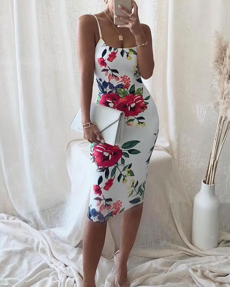 

2020 Women Fashion Elegant Summer Spaghetti Strap Sexy Square Neck Floral Print Bodycon Cami Midi Dress