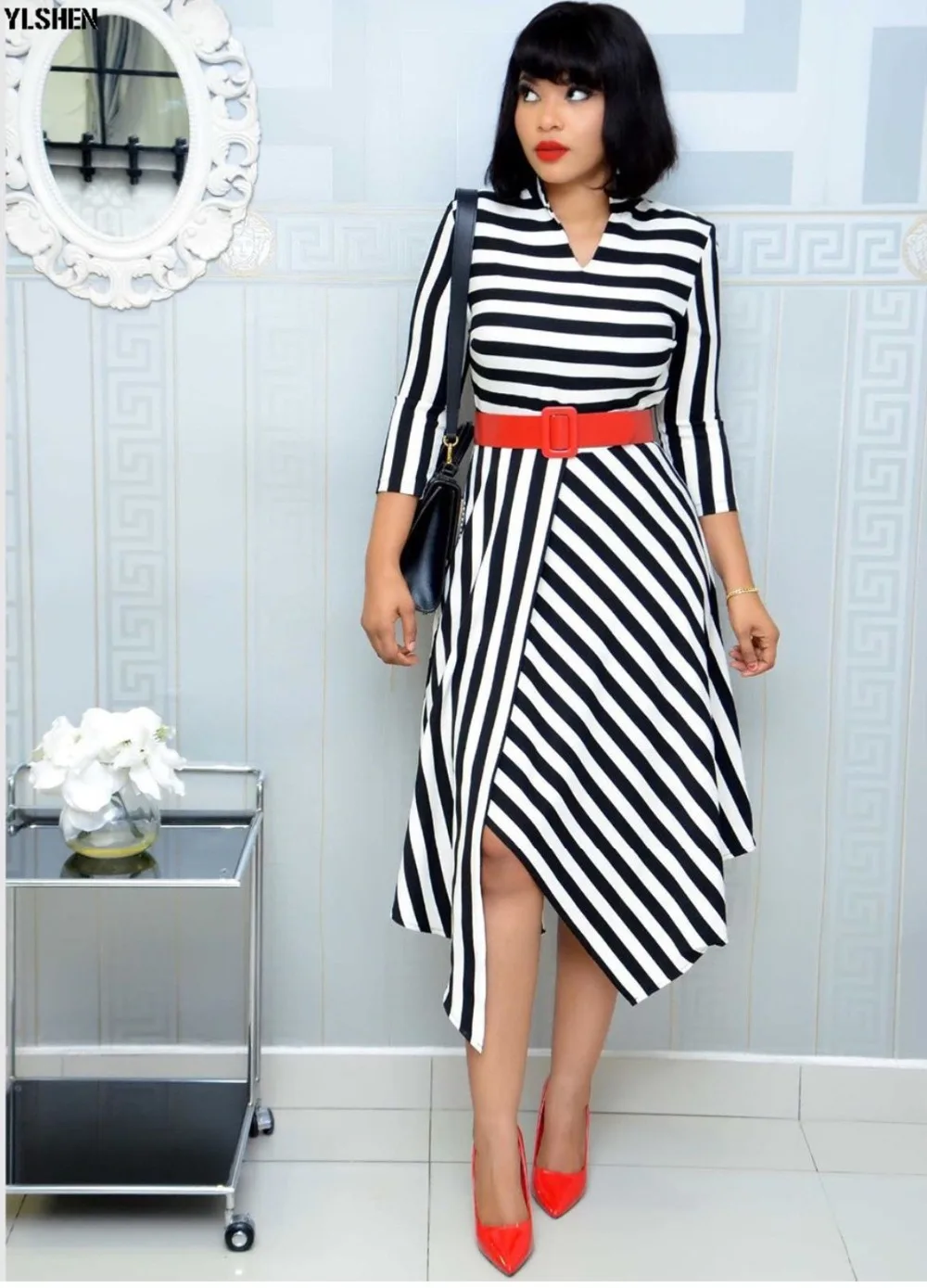 African Dresses For Women Stripe Africa Clothing Ankara Long Dress High Quality Length Fashion African Dress For Lady With Belt 35