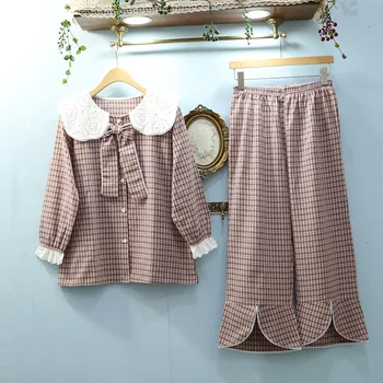 

XIFER Pajamas Women's Cotton Spring Korean Version of The Simple Fashion Casual Plaid Home Service Loose XL Suit