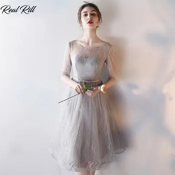 

Real Rill Illusion Jewel Neck Bridesmaid Dresses Half Sleeves Lace Up Back Knee Length A-Line Wedding Guest Dress For Party