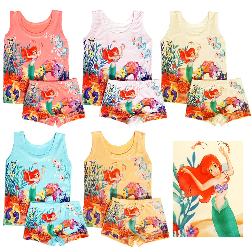 1set Hot Kids Clothing Girls Panties Summer Cartoon Sleeveless T-shirt Children Vest Mermaid Cotton T shirts Panties Briefs set girls tank tops