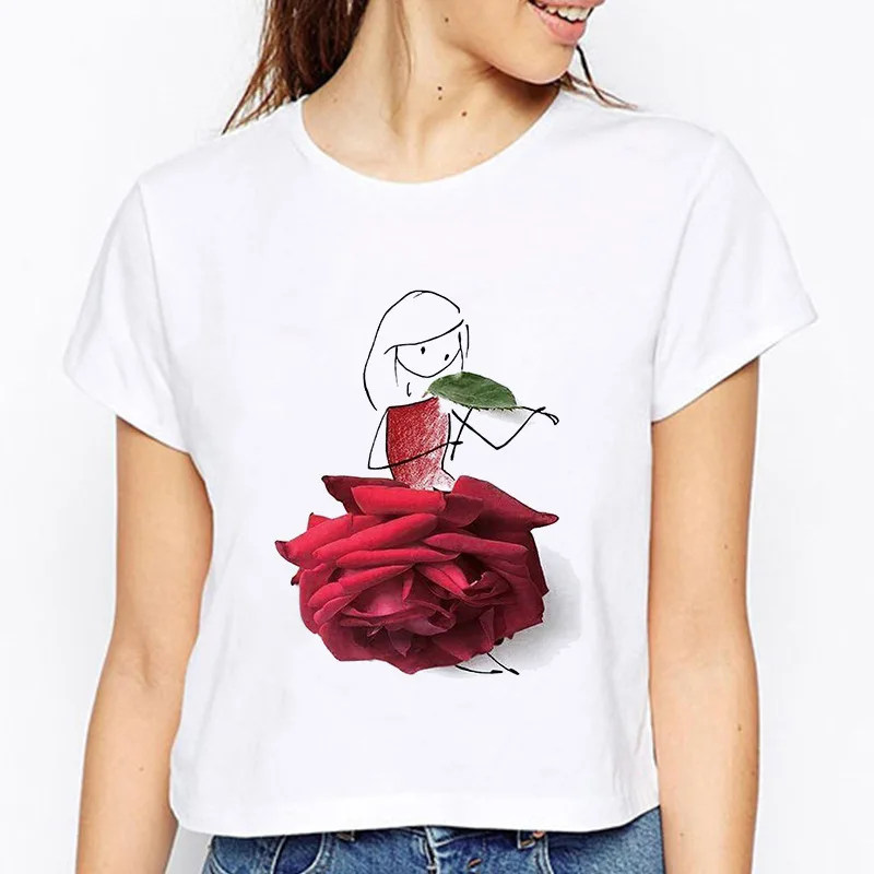 

Vogue Rose Girl Print T Shirt Women Short Sleeve O Neck Loose Tshirt Women Tee Shirt Tops Female Clothes Camisetas Mujer