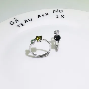 

Women Jewelry Real S925 Sterling Silver Resizable Round Black Stone Engagement Wedding Ring For Party