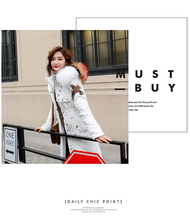 Down Jacket Women's New Style Mid-length-Style White Duck down Korean-style Large Fur Collar Loose-Fit Embroidered Warm Coa