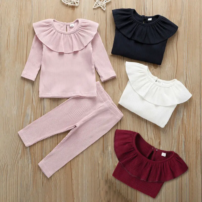 Toddler Baby Girls Clothes Set Cute Cotton Knitted Ruffle Tops Long Sleeve T-Shirt Leggings Pants 2Pcs Outfit Autumn |