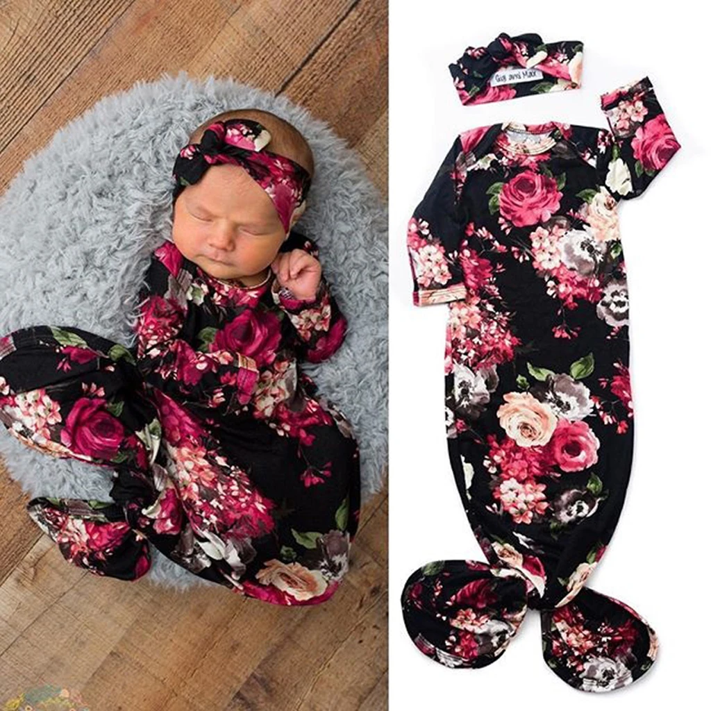 0-6M Newborn Infant Baby Cute Casual Floral Swaddle Wrap Swaddling Blanket Warm Sleeping Sack Bag with Headband