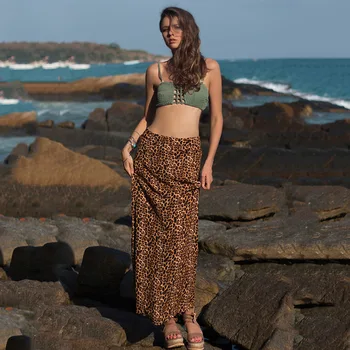 

Women Beach Leopard Print Pleated Maxi Skirt High Waisted Bodycon Long Bohemian Skirts Womens Jupe Femme Faldas Mujer