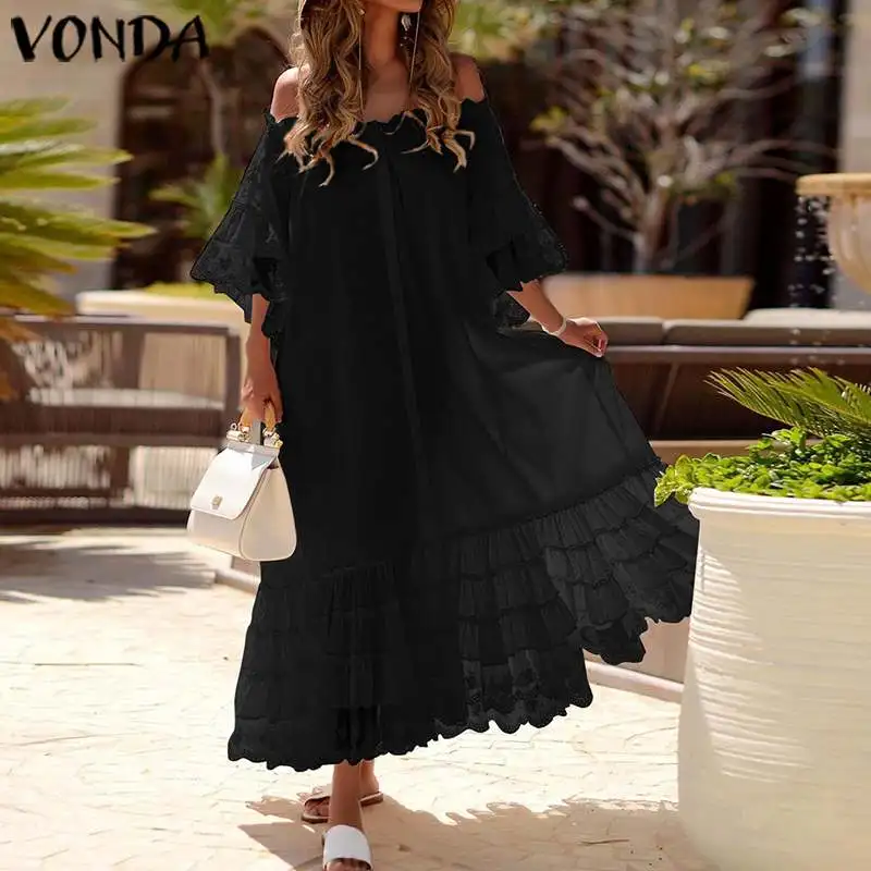 

VONDA Summer White Dress 2019 Women Sexy Off Shoulder Vintage Bohemian Lace Maxi Long Dress Holiday Vestidos Plus Size S-5XL