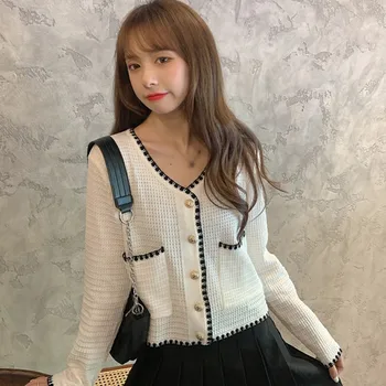 

Autumn Women Comfortable Long-sleeved V Neck Temperament Short Knitted Top Thin Coat Cardigan Hot Sale