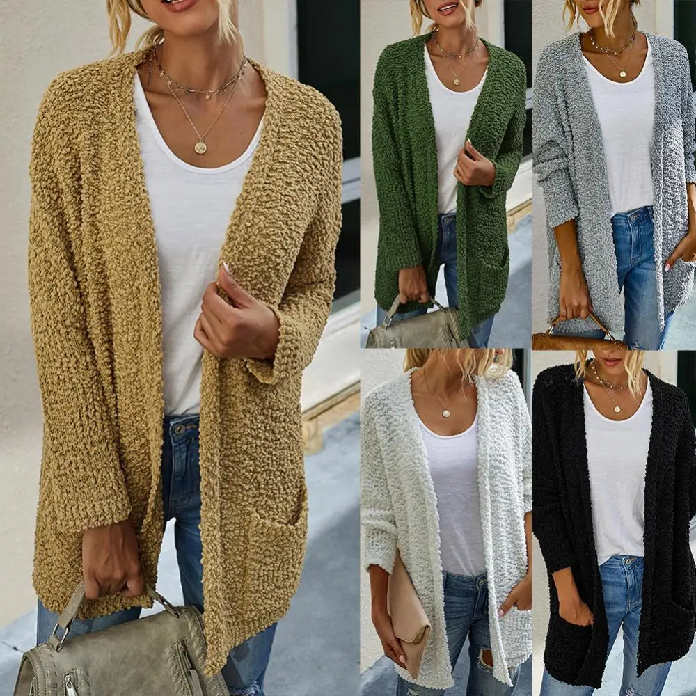 

Women Long Cardigan Sweater Fashion Solid Color Faux Fleece Pocket Long Oversize Coat Cardigan Warm Plus Size Outerwear 2021