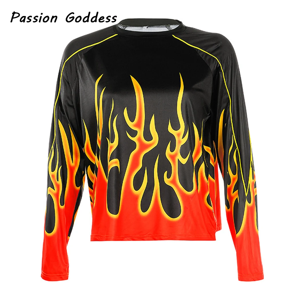 Харадзюку крутая Женская толстовка с принтом пламени наряды с рисунком огня свободные свитера с круглым вырезом для хип-хопа танцевальные пуловеры велосипедист бегун толстовки - Цвет: Sweatshirt