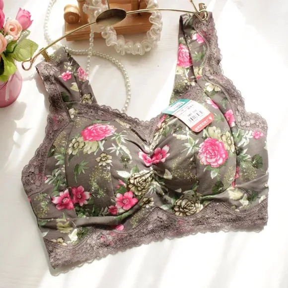 Women's Lace Lightly Padded Flower print Comfort Cotton Wire-Free Plus Size Bra 75 80 85 90 95 100 B C D