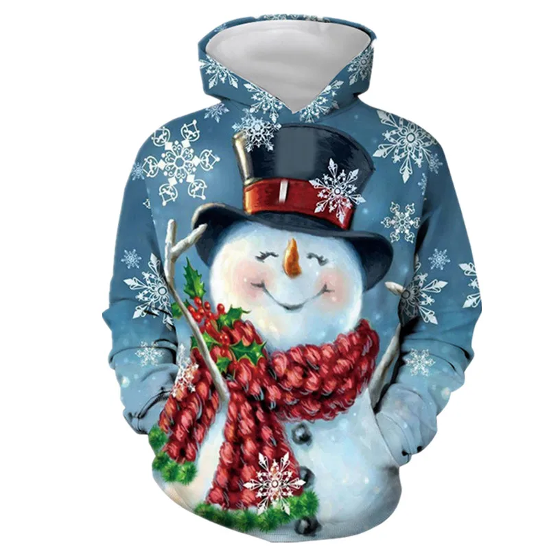 Pull de Noël à manches longues pour homme et femme motif bonhomme de neige imprimé 3D 