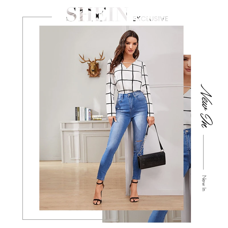 SHEIN белая клетчатая Весенняя Повседневная блуза с v-образным вырезом, женские топы, осенние корейские офисные блузки и топы с длинным рукавом