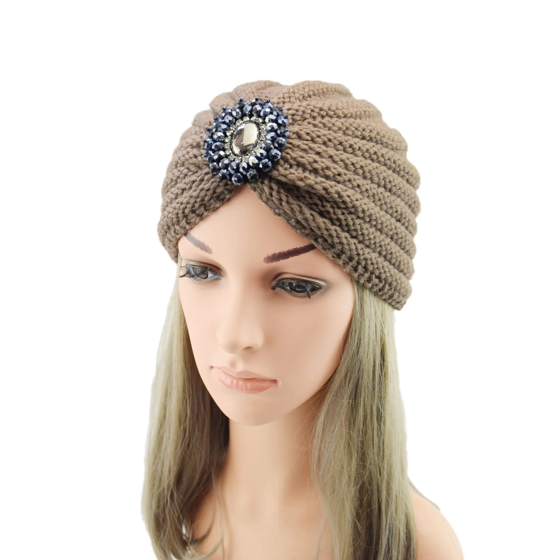 Dame Vintermote Luer Boho Gem Tilbehør Ull Varm Strikket Lue Hodelue Krystallkule Smykker Hette Muslimske Luer_voghion.com