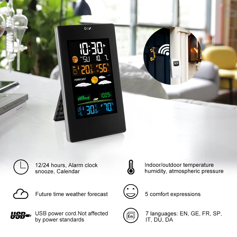USB многофункциональные часы с цветным экраном, погодные часы, Беспроводная метеостанция, часы с радиоуправлением