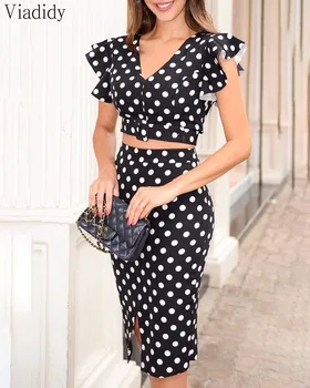 

Women Casual 2PCS Suits V-Neck Dot Shirt Sleeve Buttoned Top and High Waist Slit Midi Skirt Set