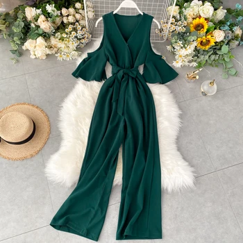

off shoulder women jumpsuits solid flare sleeved high waist wide leg ankle length soild lady elegant long pants top quality