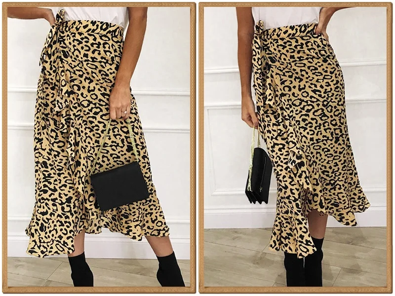 BeAvant Elegant leopard print women maxi skirt High waist ruffled asymmetrical female long skirt Side bow tie autumn lady skirts
