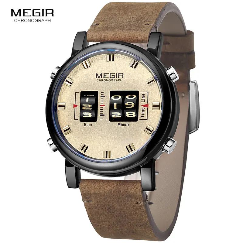 Billig MEGIR Digitale Uhr Mann Luxus Top Marke Quarz Uhren Männer Leder Relogio Masculino 2019 Neue Armee Trommel Roller Armbanduhr 2137