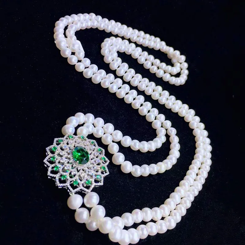 

2 Rows Natural freshwater White Round Pearl CZ Pendant Necklace For Women Lady Jewlery