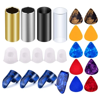 

Guitar Slides Set Include 10 Pieces Guitar Picks, 4 Pieces Plastic Thumb & Finger Picks and Clear Guitar Finger Protectors