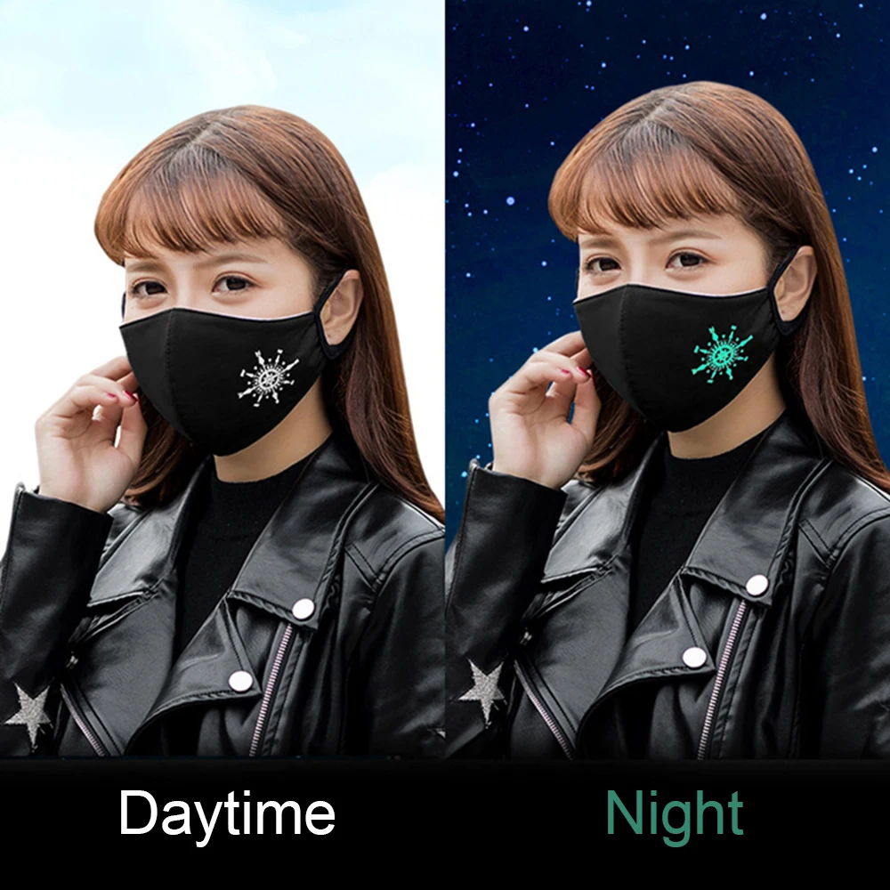 

2Pc Glow In Dark Fashion Mouth Face Mask Black Reusable Anti Pollution Anime Masks Cotton Dustproof Mouth-muffle For Men Woman