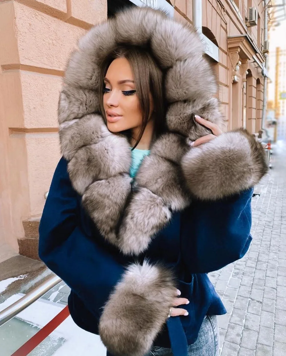 Natural Real Fox Fur Coats Cashmere 2022 New Winter Fashion Women Real Fox Fur Wool Blend Coat With Hood Thick Warm Overcoats