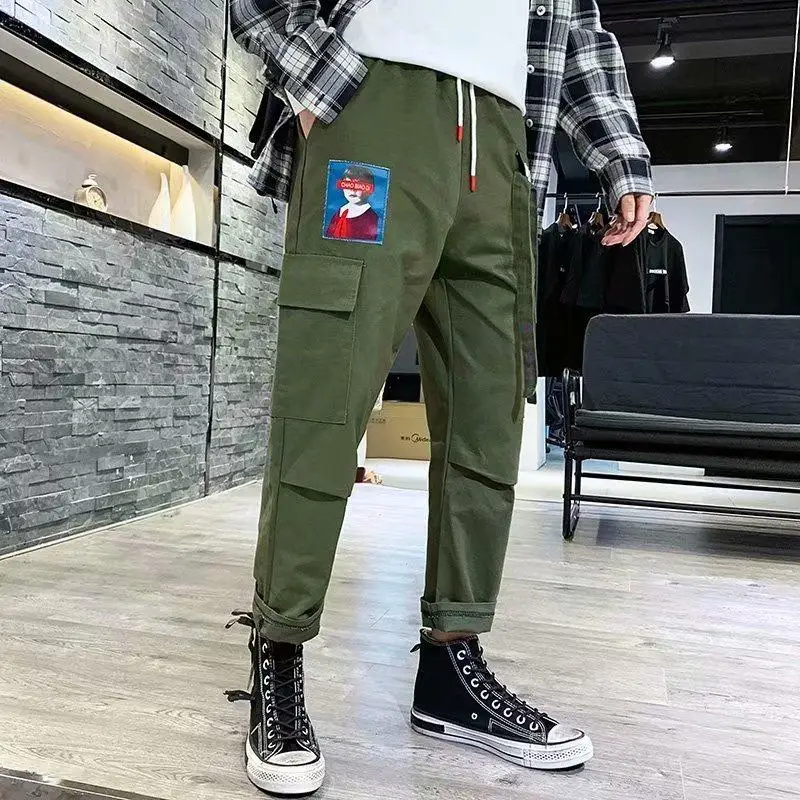 green pants Woherb, Новое поступление, брюки-карго с карманами и высокой талией, Harajuku, повседневные свободные длинные брюки, корейский стиль, универсальная уличная одежда 91109 - Цвет: green pants