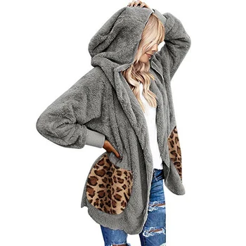 

Autumn Winter New Leopard Stitching Jacket For Women Long Sleeve Zipper Cardigan Casual Warm Hooded Sweatshirt With Pockets