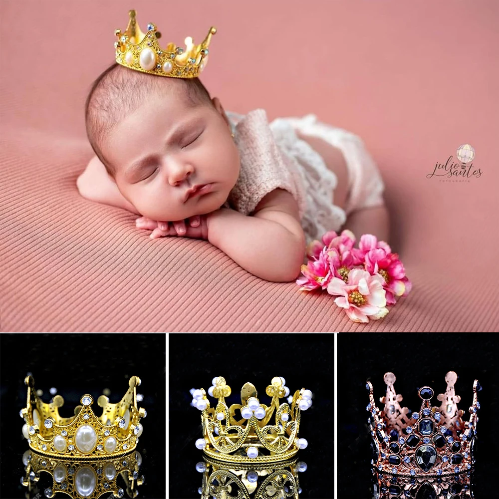 Newborn Photography Tiara With Rhinestone Crown Pearl Silver Golden Crown Props Girl ​Baby Shoot Princess Headwear Accessories