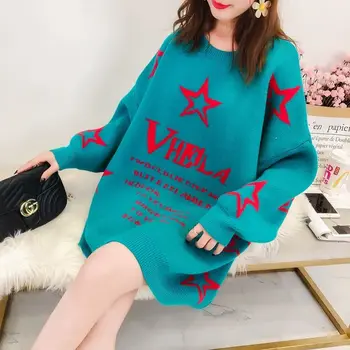 

E-BAIHUI 2020 Autumn Winter Sweater Women Star Letter Pattern Casual Oversized Knitted Pullover Sweater